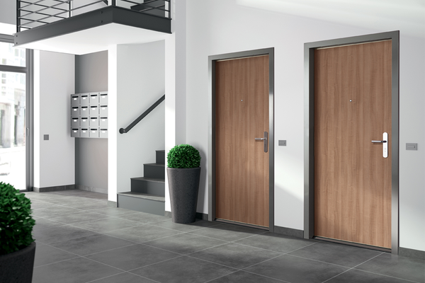 C6 Bloc porte palier métallique avec habillage bois interchangeable, antieffraction BP1, coupe-feu EI30, simple vantail, simple action, validé sur support rigide